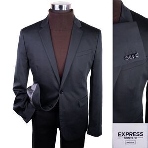 Express Skinny Blazer Sport Coat Jacket Mens 42R Solid Black 2 Button Cotton